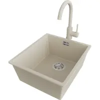 PrimaGran Granitspüle Beige 41x47cm, Spülbecken 1 Becken + Küchenarmatur 32x20cm + Ablauf-Set, Küchenspüle ab 45er Unterschrank - London Slim