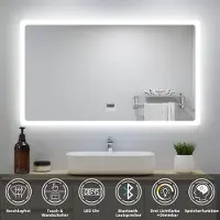 Aica Sanitär GmbH AICA LED Wandspiegel 120x70cm mit Bluetooth Uhr und Beschlagfrei Badspiegel 3 Lichtfarbe 3000K/4500K/6000K Dimmbar IP44