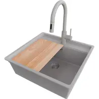 PrimaGran Unterbauspüle Granit Grau 56x53cm, Spülbecken 1 Becken + Ablauf-Set + Küchenzubehörset, Granitspüle ab 60er Unterschrank - Bergen