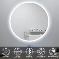 Aica Sanitär GmbH AICA Runder LED Badspiegel 70cm Badezimmerspiegel mit Touchschalter Anti-Beschlag Bluetooth 3 Lichfarbe Dimmbar Memory-Funktion IP44