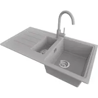PrimaGran Granitspüle Grau 90x50cm, Spülbecken 1,5 Becken + Küchenarmatur 32x20cm + Ablauf-Set, Küchenspüle ab 60er Unterschrank - Kopenhagen Duo