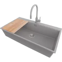 PrimaGran Granitspüle Grau 88x50cm, Spülbecken 1 Becken + Küchenarmatur 38x14cm + Ablauf-Set + Schneidebrett, Küchenspüle ab 90er Unterschrank - Oslo