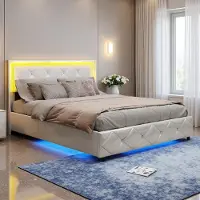 Moonbite Doppelbett 140 x 200 cm in weißem Kunstleder mit Kristallsteppung, hydraulischem Staufach, Ladeanschlüssen und LED-Stimmungsbeleuchtung
