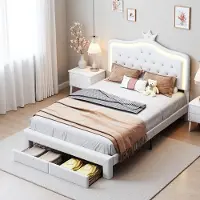 ProximaX Kinderbett 90x200 cm, gepolstert, verstellbares Kopfteil, 2 Schubladen, Kronenform mit LED-Beleuchtung, Prinzessinnenstil, weiß (Matratze nicht im Lieferumfang enthalten)