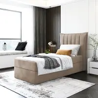 EURO-MEBLE Kinderbett, Boxspringbett LUMORA MINI mit T25 Topper, Einzelbett, Stauraum, Schlafzimmer, Polsterbett, 100x200 cm. (Cappuccino - Itaka 48)