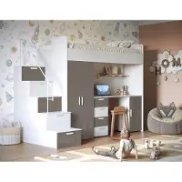 EURO-MOEBEL Etagenbett FELIX 4S, Hochglanz Kinderbett, Hochbett, OHNE Matratze und Lattenrost (Weiß + Grau, Glanz)