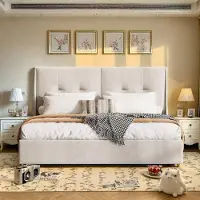 Moonbite Modernes Doppelbett 140 x 200 cm mit gepolstertem Kopfteil, integrierter LED-Beleuchtung, Stauraum unter dem Bettgestell, minimalistischem Design, beige