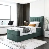 EURO-MEBLE Kinderbett, Boxspringbett LUMORA MINI mit T25 Topper, Einzelbett, Stauraum, Schlafzimmer, Polsterbett, 100x200 cm. (Grün - Itaka 10)