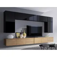 EURO-MEBLE Wohnwand CALABRINI-13 Hängewohnwand Set, 6-teilig, Weiß Hochglanz Modern, PVC-Furnier Spanplatte, grifflos, TV-Schränke (Schwarz + Eiche Gold)