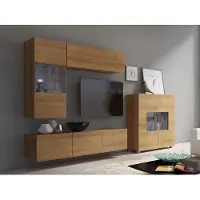 EURO-MEBLE Wohnzimmer-Set CALABRINI-3 Wohnwand Hängewohnwand Schrankwand mit LED-Beleuchtung TV-Schrank Vitrine Kommode Anbauwand Hochglanz (Eiche Gold)