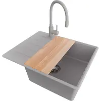 PrimaGran Granitspüle Grau 62x50cm, Spülbecken 1 Becken + Küchenarmatur 38x14cm + Ablauf-Set + Schneidebrett, Küchenspüle ab 50er Unterschrank - Kopenhagen