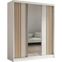 ALTDECOR Kleiderschrank mit Spiegel und Schiebetüren, kugelgelagerte Führungsschienen und Aluminium-Leisten, LED-Beleuchtung (16 Farben) und Fernbedienung - NALLA - 180 cm (Weiß + Weiß + Artisan)