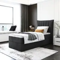 EURO-MEBLE Kinderbett, Boxspringbett LUMORA MINI mit T25 Topper, Einzelbett, Stauraum, Schlafzimmer, Polsterbett, 100x200 cm. (Schwarz - Itaka 15)