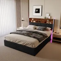 Moonbite 140x200 cm großes Stauraumbett in schwarzem Kunstleder und hellem Eichenholz, Kopfteil mit Stauraum, USB-Anschlüssen und LED-Streifen