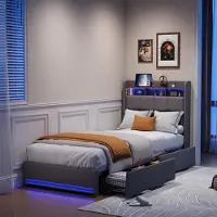 Moonbite Bett mit Stauraum 90x200 cm Leinen Grau, LED per App, USB und Typ-C, 2 Schubladen, Vernetztes Kopfteil