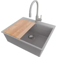 PrimaGran Granitspüle Grau 58x50cm, Spülbecken 1 Becken + Küchenarmatur 38x14cm + Ablauf-Set + Schneidebrett, Küchenspüle ab 60er Unterschrank - Oslo