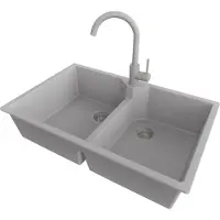 PrimaGran Granitspüle Grau 78x50cm, Spülbecken 2 Becken + Küchenarmatur 32x20cm + Ablauf-Set, Küchenspüle ab 80er Unterschrank - Madrid Twin