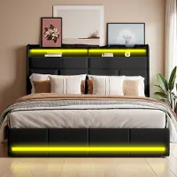 Moonbite Schwarzes Polsterbett 160x200 cm aus PU, mit LED- und USB-Anschlüssen, hydraulisch ausklappbarem Lattenrost, großem Stauraum (Matratze nicht im Lieferumfang enthalten)