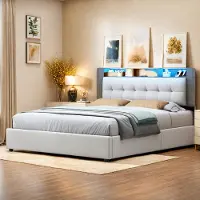 Moonbite Cremefarbenes Samtbett 140 x 200 cm mit Kopfteil, Stauraum im Kopfteil, kabelloser Ladefunktion, stimmungsvoller LED-Beleuchtung und hydraulischem Stauraum