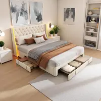 Moonbite 160 x 200 cm großes Bett aus beigefarbenem Samt mit integrierten Lampen, 3 Metallschubladen und Flügelkopfteil – Elegantes Design und viel Stauraum