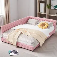 Moonbite 140 x 200 cm großes Bett aus zartrosa Stoff mit umlaufender LED-Beleuchtung und integrierten USB-Anschlüssen, modernes und gemütliches Design