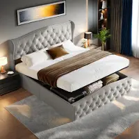 ProximaX Graues Samtbett 140x200 cm mit Ziernieten und Wellenmuster, Doppelbett mit Lattenrost und Stauraum