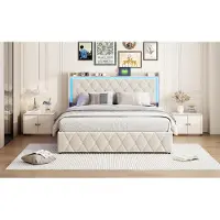 Moonbite Hydraulisches Bett (140 x 190 cm) in beigefarbenem Samt, Stauraum im Kopfteil, LED-Beleuchtung, USB- und Typ-C-Anschluss, modernes und komfortables Design