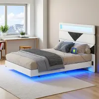 Moonbite Schwebendes Bett 140 x 190 cm mit LED-Beleuchtung und 2 USB-Anschlüssen, Bettgestell mit Lattenrost, Doppelbett mit Kopfteil, Beige + Schwarz