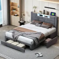 Moonbite Doppelbett 160 x 200 cm – Samtbettgestell mit 3 Schubladen, Lattenrost und LED-Kopfteil mit USB/C-Anschluss – Grau