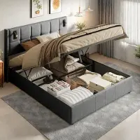 Moonbite Doppelbett 140 x 200 cm in grauem Samtbezug mit hydraulischem Staufach, genietetem Kopfteil mit integrierten Leselampen