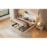Moonbite Gepolstertes Doppelbett 160 x 200 cm mit Stauraum und LED-Beleuchtung, wiederaufladbare Leselampe, Beige