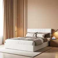 Moonbite Doppelbett 160x200 cm in cremefarbenem Teddy-Samt mit LED-Beleuchtung, Gasdruckfeder-Staufach, USB-Anschlüssen an den Seiten, modernes und komfortables Design