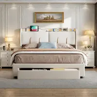Moonbite Doppelbett 140x200 cm mit hydraulischem Staufach, beigefarbenem Samt-Kopfteil mit verstellbarer LED-Beleuchtung, integrierten USB-Anschlüssen und EU-Steckdosen