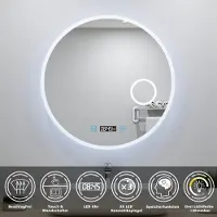Aica Sanitär GmbH AICA LED Badspiegel Rund 60cm mit Touch/Wandschalter Beschlagfrei Kalt/Neutral/Warmweiß Dimmbar Badezimmerspiegel mit Uhr und 3-Fach Kosmetikspiegel IP44