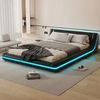Sweiko 140x200cm Flachbett, Bodenbett, PU, LED-Umgebungslicht, Schwarz