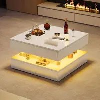 ProximaX Moderner Couchtisch mit App-gesteuerter LED-Farbwechselbeleuchtung, Hochglanz-Oberfläche, Quadratisch, Weiß