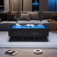 Great han Couchtisch Schwarz Hochglanz 100 x 50 x 35 cm mit Glasplatte und LED, 2 Schubladen, USB, max. 45 kg