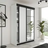 FURMEB24 2-türiger Schiebetürenschrank LAMER 138x205 cm Kleiderschrank mit Spiegel (weiß + weiß)