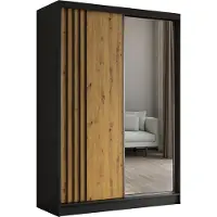 ALTDECOR Kleiderschrank mit Spiegel und Schiebetüren, kugelgelagerte Führungsschienen und Aluminium-Leisten - NALLA - 150 cm (Schwarz + Artisan + Schwarz)