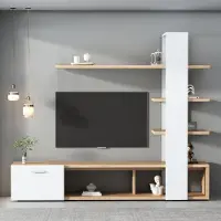 Great han Moderne TV Wohnwand 180cm in Eiche-Weiß, Wohnzimmer Möbel Set für Fernseher bis 60 Zoll, TV-Schrank mit 5 Regalebenen & Kippschutz, Lowboard