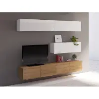 EURO-MEBLE Wohnwand CALABRINI-8 Wohnzimmer-Set Hängewohnwand Schrankwand TV-Schrank Moderne Anbauwand Hochglanz (Weiß + Eiche Gold)