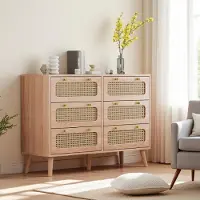 Moonbite Kommode mit 6 Schubladen aus Naturholz mit Fronten aus geflochtenem Rattan, Massivholzrahmen