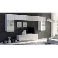 EURO-MEBLE Wohnwand CALABRINI-2 Wohnzimmer-Set Hängewohnwand Schrankwand mit LED-Beleuchtung TV-Schrank Vitrine Moderne Anbauwand Hochglanz (Weiß Hochglanz)