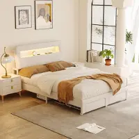 Moonbite Gepolstertes Doppelbett 160x200 cm mit Schubladen und Kopfteil, LED-Beleuchtung und Ladestation, Beige