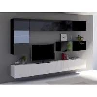 EURO-MEBLE Wohnwand CALABRINI-4 Wohnzimmer-Set Hängewohnwand Schrankwand mit LED-Beleuchtung TV-Schrank Vitrine Moderne Anbauwand Hochglanz (Schwarz + Weiß)
