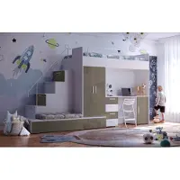 EURO-MEBLE Etagenbett FELIX 5, Hochglanz Kinderbett, Hochbett, OHNE Matratze und Lattenrost (Weiß + Grau , Glanz)