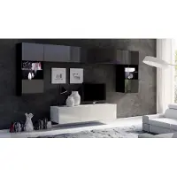EURO-MEBLE Wohnwand CALABRINI-2 Wohnzimmer-Set Hängewohnwand Schrankwand mit LED-Beleuchtung TV-Schrank Vitrine Moderne Anbauwand Hochglanz (Schwarz + Weiß)