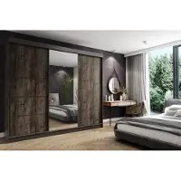 FURMEB24 Schiebetürenschrank AMANDA 250x200 cm Kleiderschrank mit Spiegel, 3-türiger Schiebeschrank (Dunkel Asche/ Schwarz + silberne Einsätze)