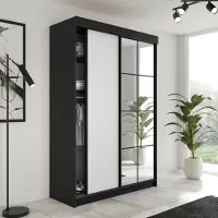 FURMEB24 2-türiger Schiebetürenschrank LAMER 167x205 cm Kleiderschrank mit Spiegel (schwarz + weiß)