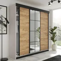 FURMEB24 3-türiger Schiebetürenschrank LAMER 250x205 cm Kleiderschrank mit Spiegel (Kaschmir + goldene Eiche)